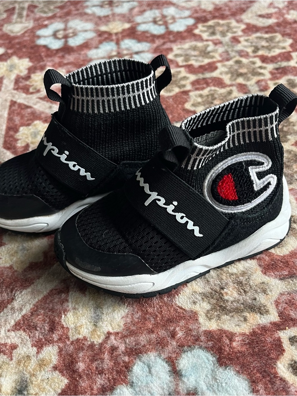 Champion Toddler Black Knit High-Top Sneakers with Red Accent